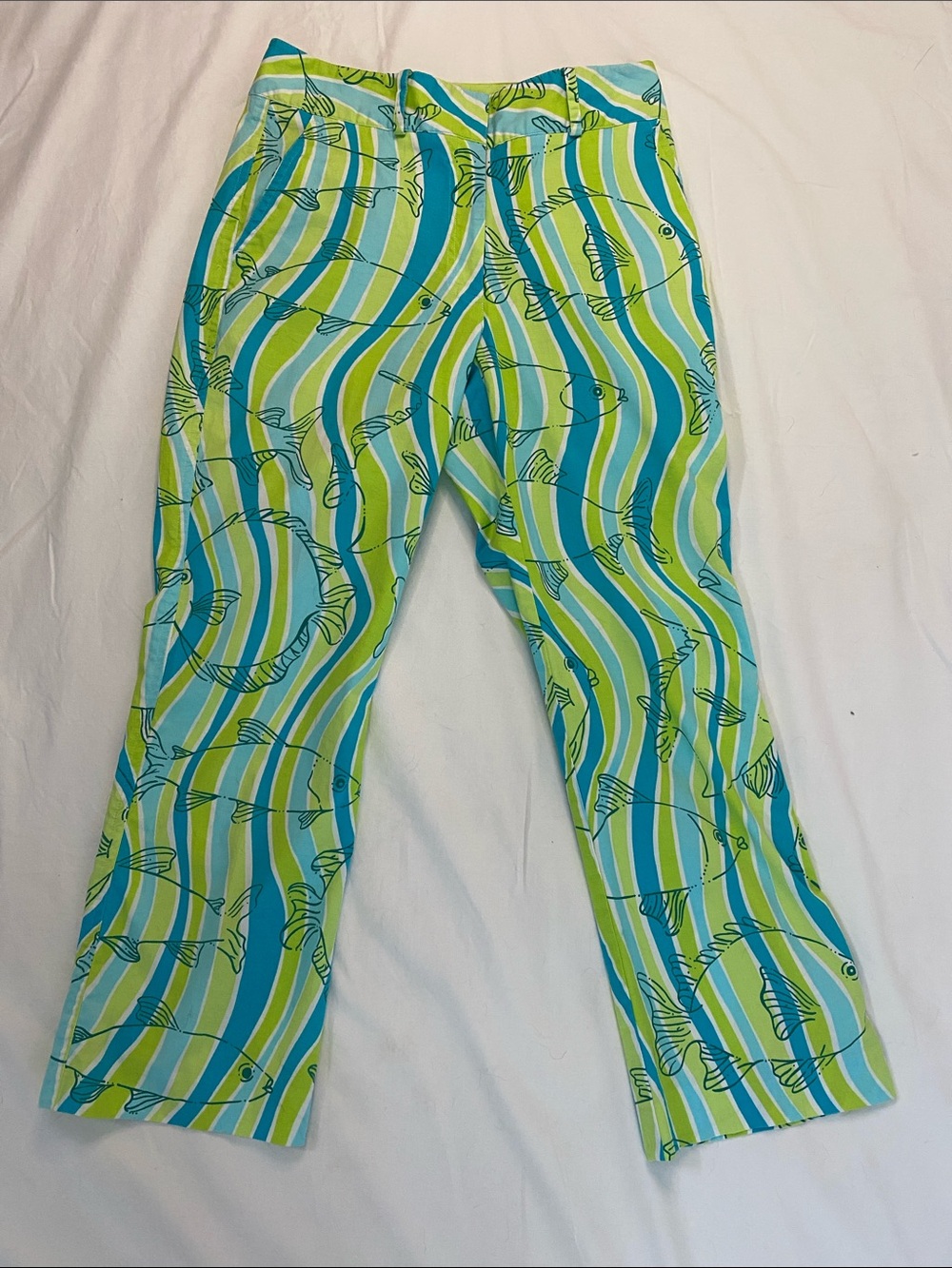 Lilly Pulitzer Teal, Lime & Aqua Wavy Fish Capri Pants
